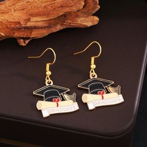 Stainless Steel Black Graduation Cap Diploma Drop Books Education Earrings